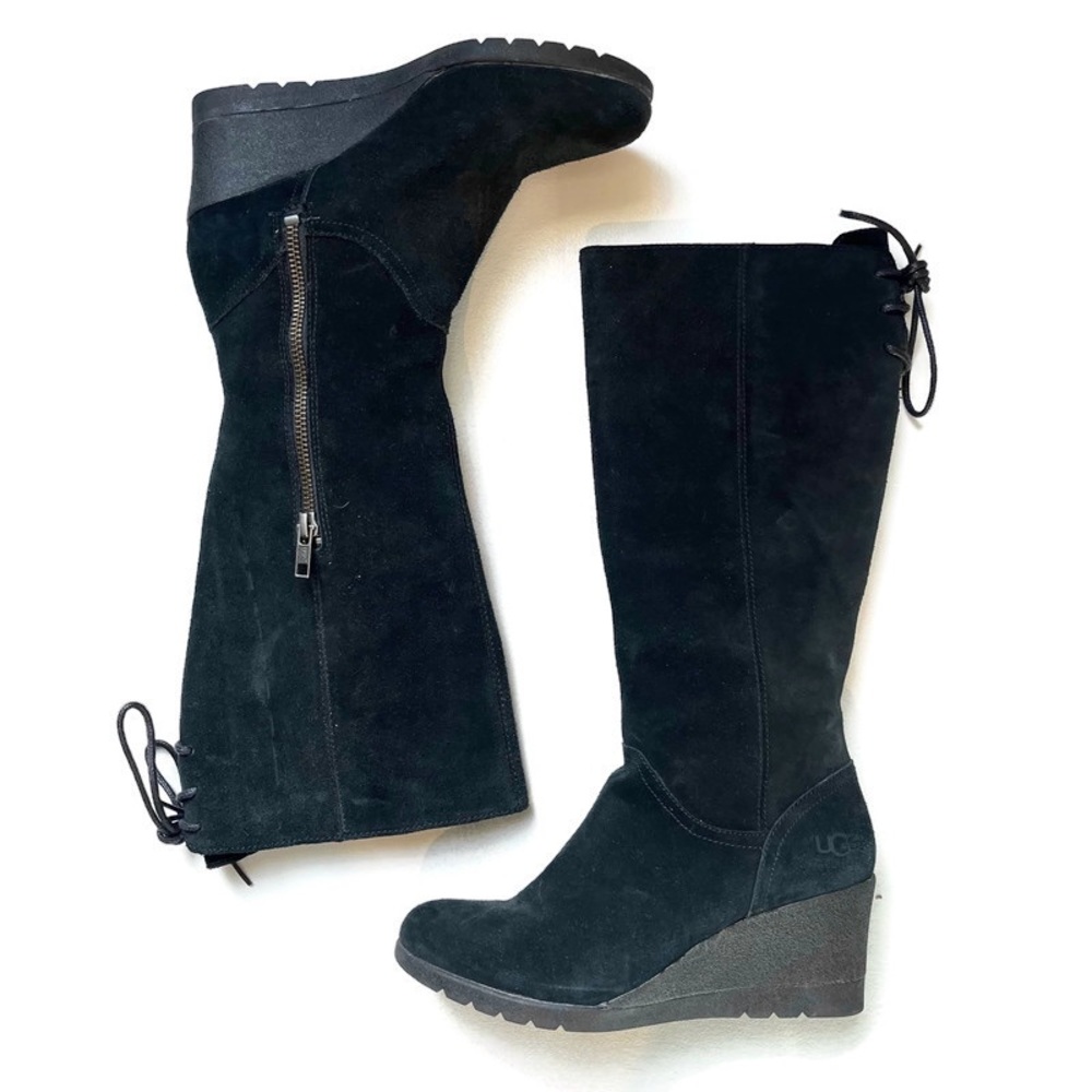UGG Dawna black suede leather wedge tall winter boots - 6
